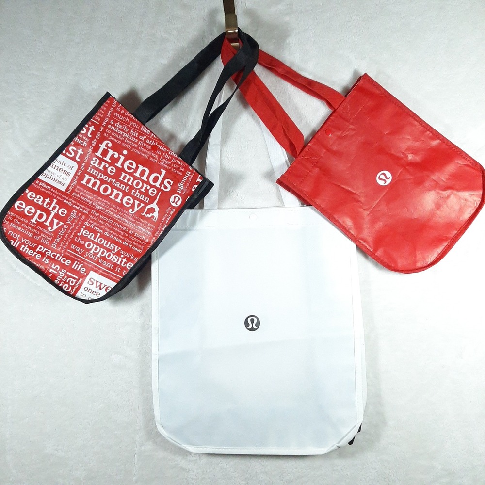 Lululemon Reusable Shopping Tote Bag Bundle Set of 3 Red White Black Mixed Sizes